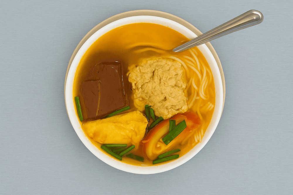 A steaming bowl of bun rieu, rich in the signature aroma of field crab and packed with irresistible color